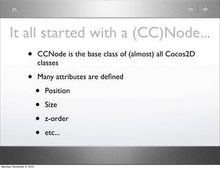It all started with a (CC)Node...
• CCNode is the base class of (almost) all Cocos2D
classes
• Many attributes are deﬁned
• Position
• Size
• z-order
• etc...
Monday, November 8, 2010
 