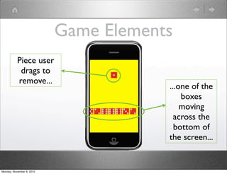 Game Elements
Piece user
drags to
remove...
...one of the
boxes
moving
across the
bottom of
the screen...
Monday, November 8, 2010
 
