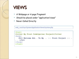 VIEWS A Webpage or A page Fragment Should be placed under “application/views” Never Called Directly <html> <title> My First CodeIgniter Project</title> <body> <h1> Welcome ALL … To My .. ::: First Project ::: . . . </h1> </body> </html> web_root/myci/system/application/views/myview.php 
