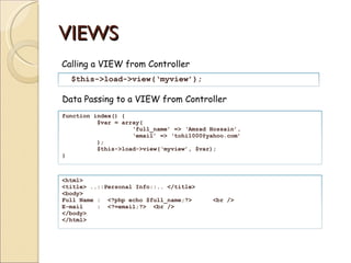 VIEWS Calling a VIEW from Controller Data Passing to a VIEW from Controller $this->load->view(‘myview’); function index() { $var = array( ‘ full_name’ => ‘Amzad Hossain’, ‘ email’ => ‘tohi1000@yahoo.com’ ); $this->load->view(‘myview’, $var); } <html> <title> ..::Personal Info::.. </title> <body> Full Name :  <?php echo $full_name;?>  <br /> E-mail  :  <?=email;?>  <br /> </body> </html> 