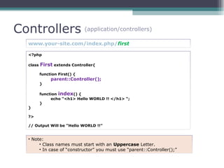 Controllers (application/controllers)
www.your-site.com/index.php/first
<?php
class First extends Controller{
function First() {
parent::Controller();
}
function index() {
echo “<h1> Hello WORLD !! </h1> “;
}
}
?>
// Output Will be “Hello WORLD !!”
• Note:
• Class names must start with an Uppercase Letter.
• In case of “constructor” you must use “parent::Controller();”
 