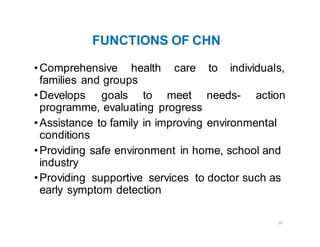 22
FUNCTIONS OF CHN
•Comprehensive health care to individuals,
families and groups
•Develops goals to meet needs- action
programme, evaluating progress
•Assistance to family in improving environmental
conditions
•Providing safe environment in home, school and
industry
•Providing supportive services to doctor such as
early symptom detection
 