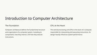 Introduction to Computer Architecture
The Foundation
Computer architecture defines the fundamental structure
and organization of a computer system, including its
components, how they interact, and how they execute
instructions.
CPU at the Heart
The central processing unit (CPU) is the brain of a computer,
responsible for interpreting and executing instructions. Its
design heavily influences system performance.
 