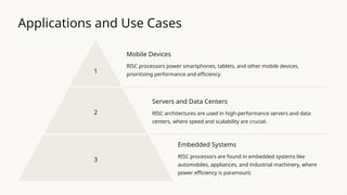 Applications and Use Cases
1
Mobile Devices
RISC processors power smartphones, tablets, and other mobile devices,
prioritizing performance and efficiency.
2
Servers and Data Centers
RISC architectures are used in high-performance servers and data
centers, where speed and scalability are crucial.
3
Embedded Systems
RISC processors are found in embedded systems like
automobiles, appliances, and industrial machinery, where
power efficiency is paramount.
 