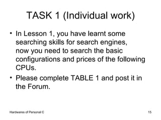 TASK 1 (Individual work) In Lesson 1, you have learnt some searching skills for search engines,  now you need to search the basic configurations and prices of the following CPUs. Please complete TABLE 1 and post it in the Forum. 