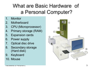 What are Basic Hardware  of  a Personal Computer? Monitor  Motherboard  CPU (Microprocessor)  Primary storage (RAM)  Expansion cards  Power supply  Optical disc drive  Secondary storage (Hard disk)  Keyboard  Mouse  