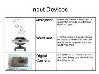 Input Devices a real-time camera (usually, though not always, a video camera) whose images can be accessed using the World Wide Web WebCam an electronic device used to capture and store photographs electronically in a digital format Digital Camera an acoustic to electric transducer or sensor that converts sound into an electrical signal. Microphone 