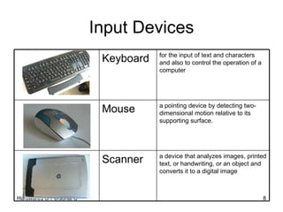 Input Devices a device that analyzes images, printed text, or handwriting, or an object and converts it to a digital image...
