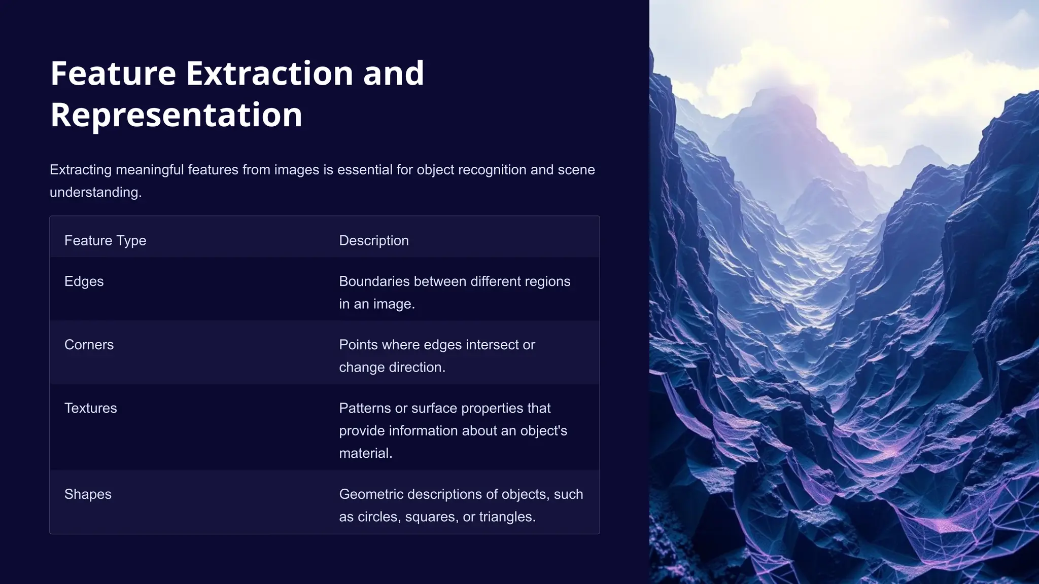 Feature Extraction and
Representation
Extracting meaningful features from images is essential for object recognition and scene
understanding.
Feature Type Description
Edges Boundaries between different regions
in an image.
Corners Points where edges intersect or
change direction.
Textures Patterns or surface properties that
provide information about an object's
material.
Shapes Geometric descriptions of objects, such
as circles, squares, or triangles.
 