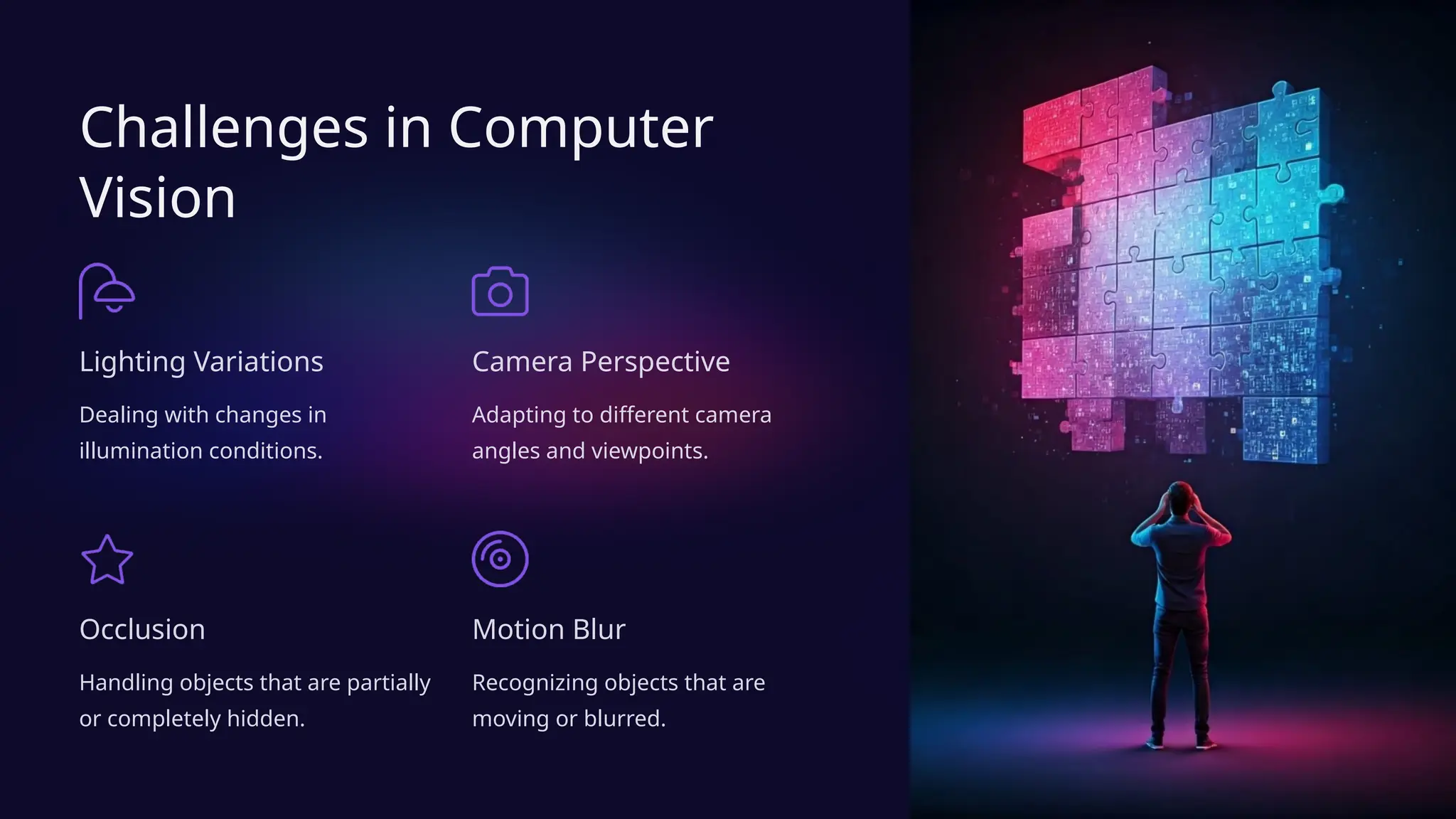Challenges in Computer
Vision
Lighting Variations
Dealing with changes in
illumination conditions.
Camera Perspective
Adapting to different camera
angles and viewpoints.
Occlusion
Handling objects that are partially
or completely hidden.
Motion Blur
Recognizing objects that are
moving or blurred.
 