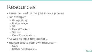 Resources
• Resource  used  by  the  jobs  in  your  pipeline
• For  example:  
• Git repository
• Docker image
• S3
• Pivotal  Tracker
• Semver
• Cloud  Foundry  etc…
• As  well  as  input  that  output  ..
• You  can  create  your  own  resource…
• Slack
• GitHub Pull  Request...
 