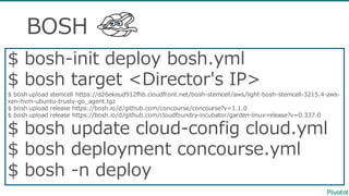 BOSH
$  bosh-‐‑‒init deploy  bosh.yml
$  bosh  target  <Director's  IP>
$  bosh  upload  stemcell https://d26ekeud912fhb.cloudfront.net/bosh-‐‑‒stemcell/aws/light-‐‑‒bosh-‐‑‒stemcell-‐‑‒3215.4-‐‑‒aws-‐‑‒
xen-‐‑‒hvm-‐‑‒ubuntu-‐‑‒trusty-‐‑‒go_̲agent.tgz  
$  bosh  upload  release  https://bosh.io/d/github.com/concourse/concourse?v=1.1.0
$  bosh  upload  release  https://bosh.io/d/github.com/cloudfoundry-‐‑‒incubator/garden-‐‑‒linux-‐‑‒release?v=0.337.0
$  bosh  update  cloud-‐‑‒config cloud.yml
$  bosh  deployment  concourse.yml
$  bosh  -‐‑‒n  deploy
 