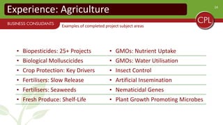 14
Experience: Agriculture
• Biopesticides: 25+ Projects • GMOs: Nutrient Uptake
• Biological Molluscicides • GMOs: Water Utilisation
• Crop Protection: Key Drivers • Insect Control
• Fertilisers: Slow Release • Artificial Insemination
• Fertilisers: Seaweeds • Nematicidal Genes
• Fresh Produce: Shelf-Life • Plant Growth Promoting Microbes
Examples of completed project subject areas
 
