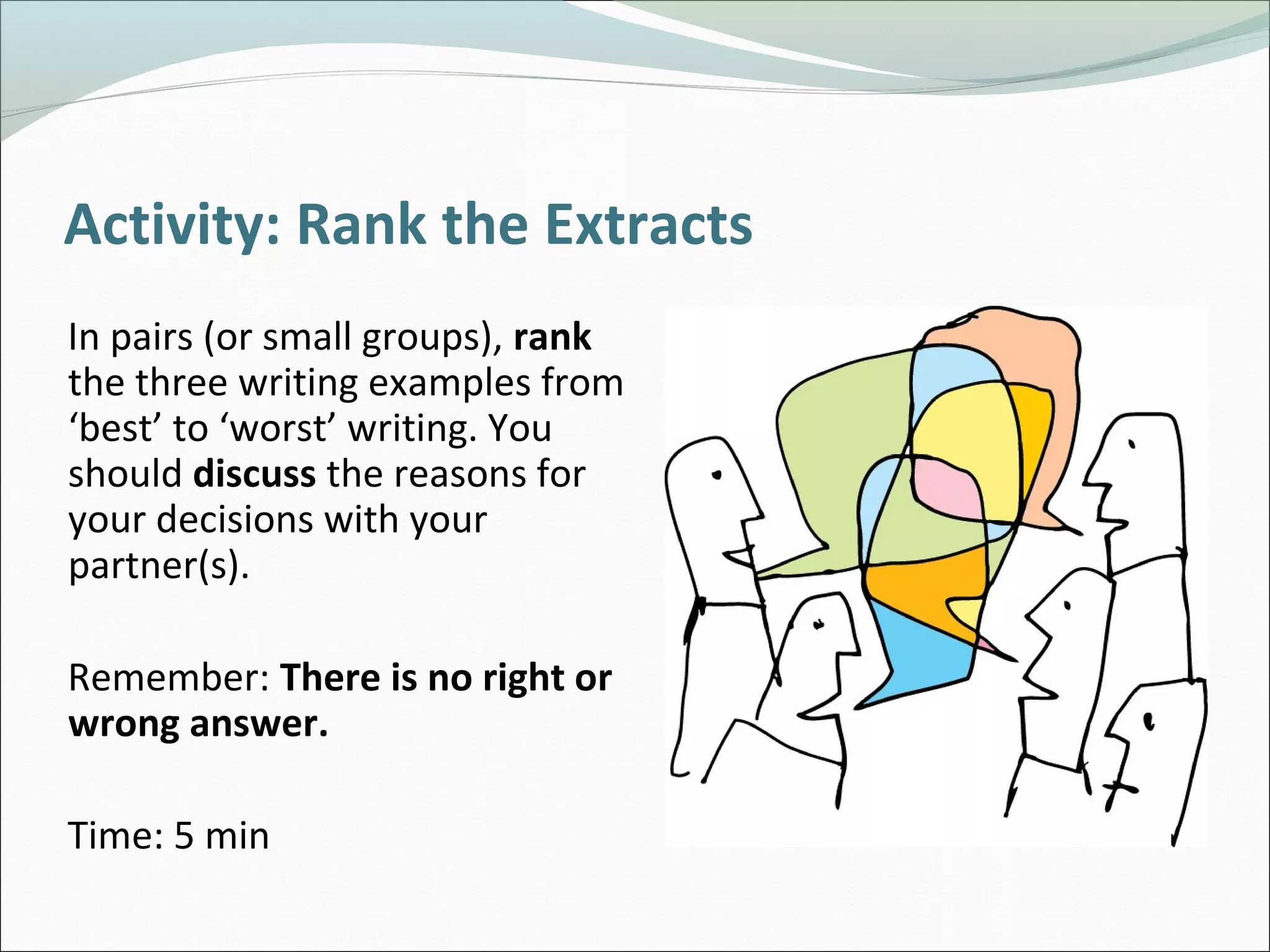 Activity: Rank the Extracts
In pairs (or small groups), rank
the three writing examples from
‘best’ to ‘worst’ writing. You
should discuss the reasons for
your decisions with your
partner(s).
Remember: There is no right or
wrong answer.
Time: 5 min
 