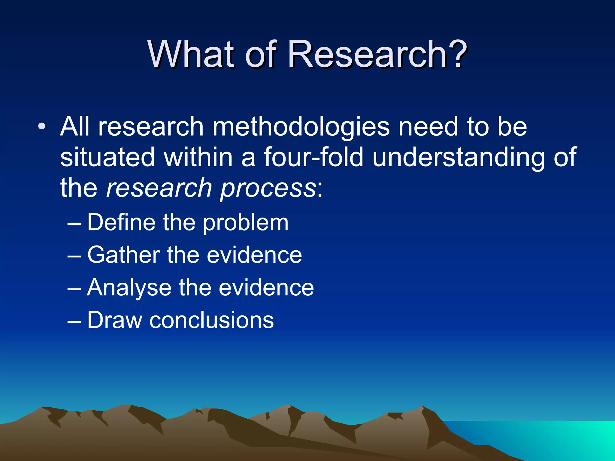 What of Research? All research methodologies need to be situated within a four-fold understanding of the  research process : Define the problem Gather the evidence Analyse the evidence Draw conclusions 