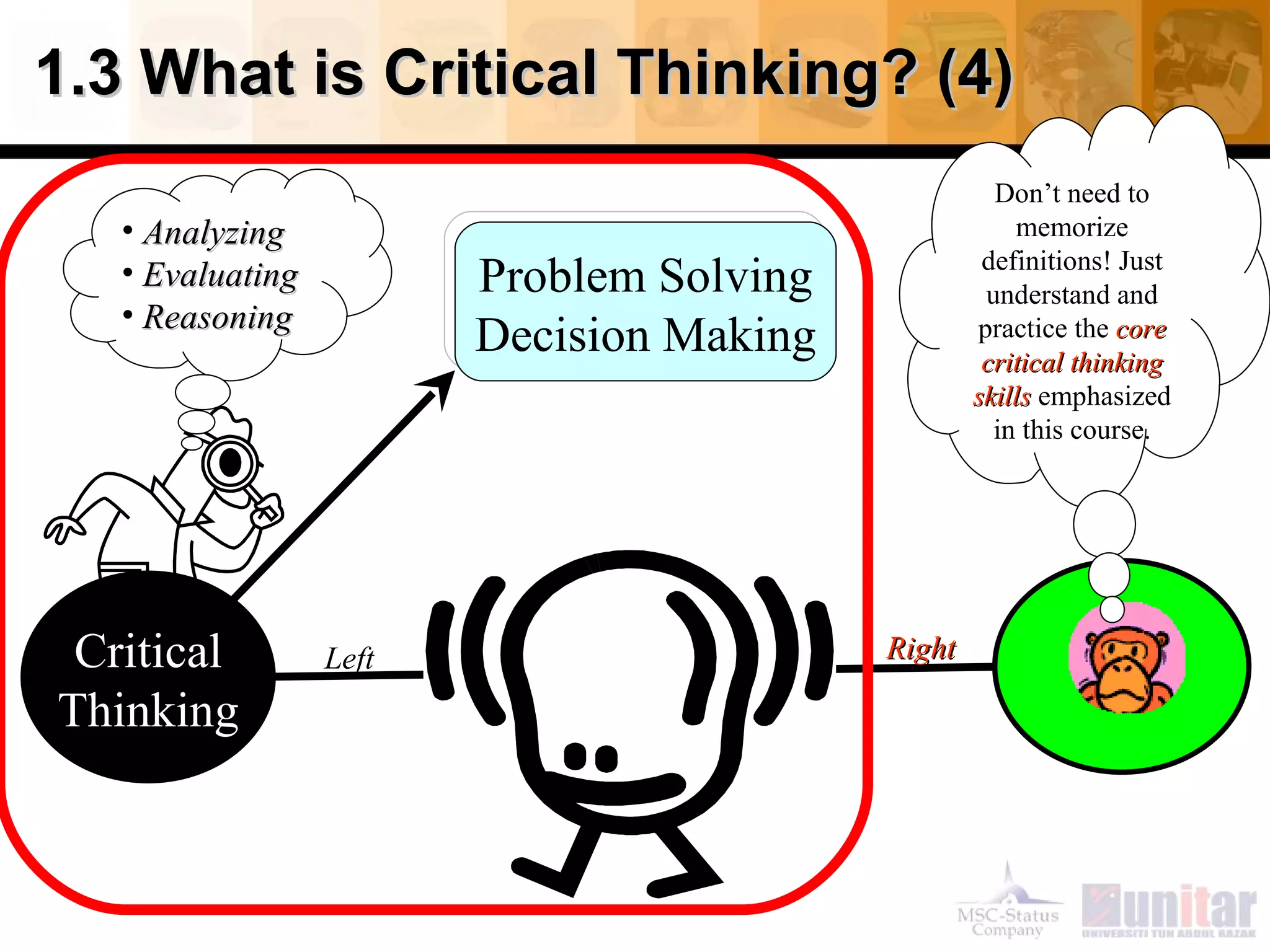 1.3 What is Critical Thinking? (4)
                                                     Don’t need to
   • Analyzing                                         memorize
                                                    definitions! Just
   • Evaluating          Problem Solving            understand and
   • Reasoning
                         Decision Making           practice the core
                                                    critical thinking
                                                   skills emphasized
                                                     in this course.




 Critical         Left                     Right

Thinking
 
