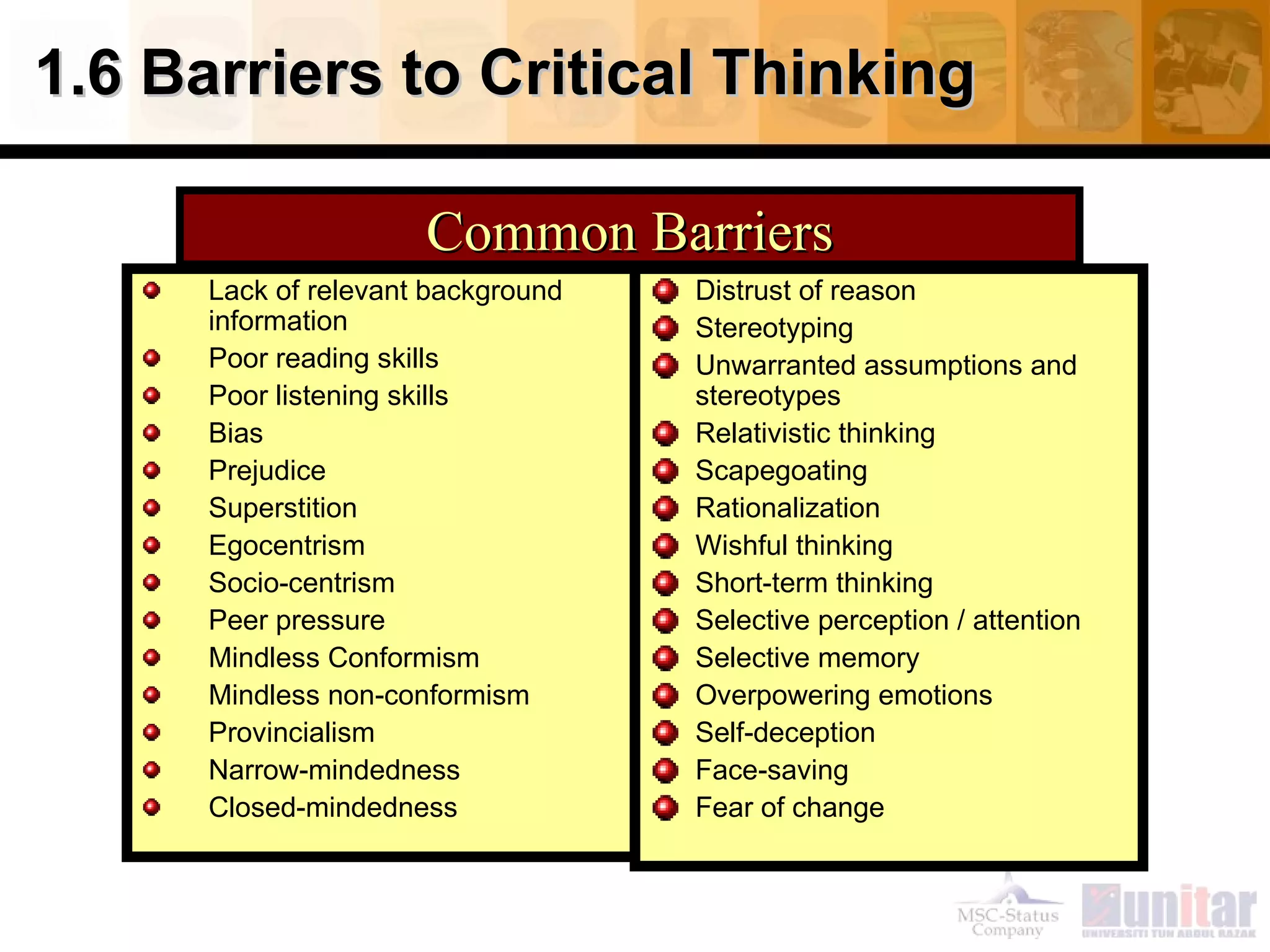 1.6 Barriers to Critical Thinking

                      Common Barriers
      Lack of relevant background   Distrust of reason
      information                   Stereotyping
      Poor reading skills           Unwarranted assumptions and
      Poor listening skills         stereotypes
      Bias                          Relativistic thinking
      Prejudice                     Scapegoating
      Superstition                  Rationalization
      Egocentrism                   Wishful thinking
      Socio-centrism                Short-term thinking
      Peer pressure                 Selective perception / attention
      Mindless Conformism           Selective memory
      Mindless non-conformism       Overpowering emotions
      Provincialism                 Self-deception
      Narrow-mindedness             Face-saving
      Closed-mindedness             Fear of change
 