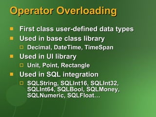 Operator Overloading First class user-defined data types Used in base class library Decimal, DateTime, TimeSpan Used in UI library Unit, Point, Rectangle Used in SQL integration SQLString, SQLInt16, SQLInt32, SQLInt64, SQLBool, SQLMoney, SQLNumeric, SQLFloat… 
