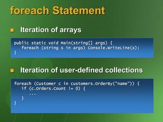 foreach Statement
 Iteration of arrays
 Iteration of user-defined collections
foreach (Customer c in customers.OrderBy("name")) {
if (c.Orders.Count != 0) {
...
}
}
public static void Main(string[] args) {
foreach (string s in args) Console.WriteLine(s);
}
 