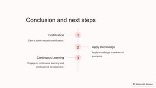 Conclusion and next steps
1
Certification
Earn a cyber security certification.
2 Apply Knowledge
Apply knowledge to real-world
scenarios.
3
Continuous Learning
Engage in continuous learning and
professional development.
 