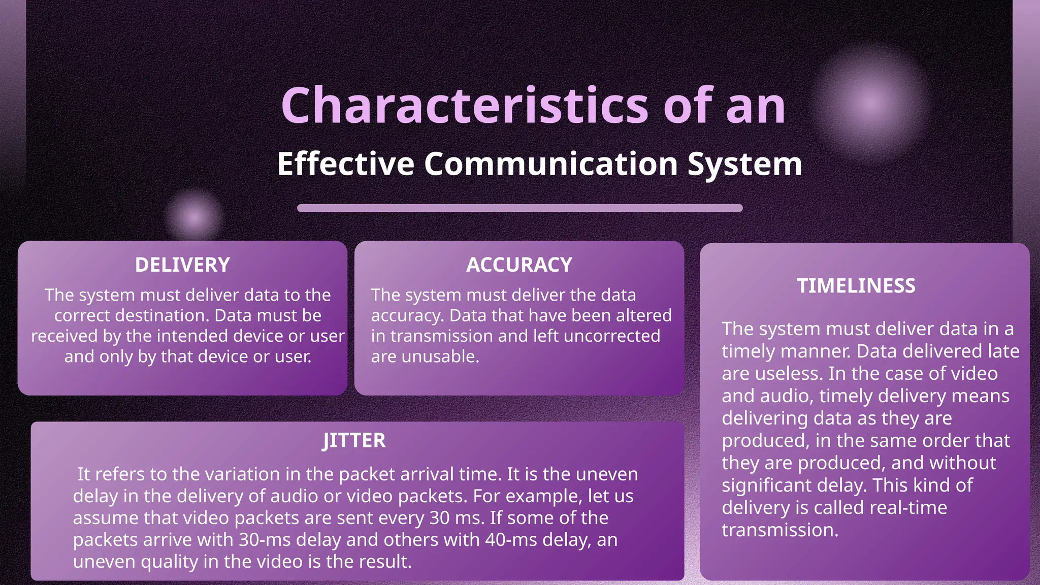 Characteristics of an
Effective Communication System
DELIVERY
The system must deliver data to the
correct destination. Data must be
received by the intended device or user
and only by that device or user.
ACCURACY
The system must deliver the data
accuracy. Data that have been altered
in transmission and left uncorrected
are unusable.
The system must deliver data in a
timely manner. Data delivered late
are useless. In the case of video
and audio, timely delivery means
delivering data as they are
produced, in the same order that
they are produced, and without
significant delay. This kind of
delivery is called real-time
transmission.
TIMELINESS
JITTER
It refers to the variation in the packet arrival time. It is the uneven
delay in the delivery of audio or video packets. For example, let us
assume that video packets are sent every 30 ms. If some of the
packets arrive with 30-ms delay and others with 40-ms delay, an
uneven quality in the video is the result.
 