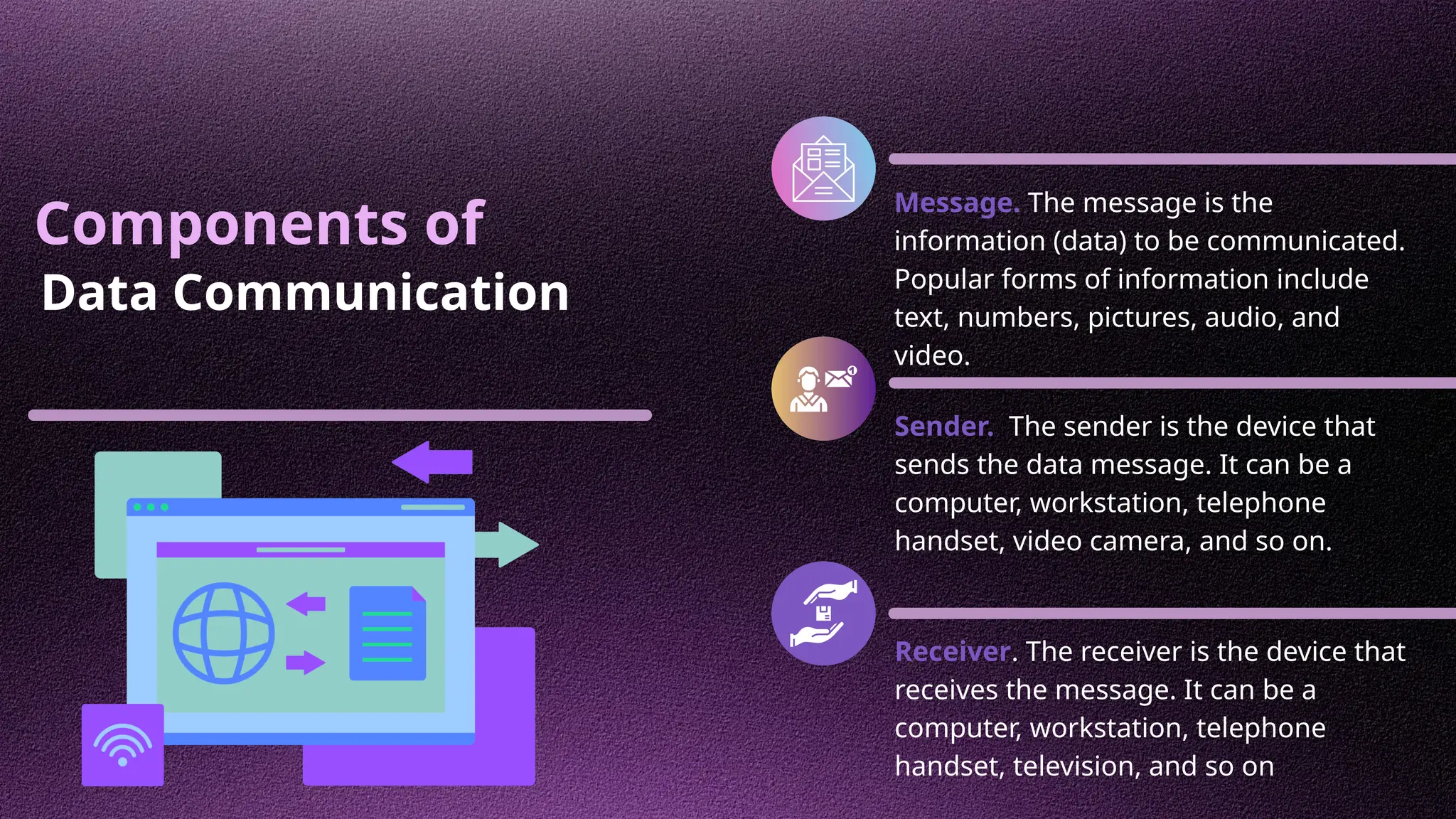 Components of
Data Communication
Message. The message is the
information (data) to be communicated.
Popular forms of information include
text, numbers, pictures, audio, and
video.
Sender. The sender is the device that
sends the data message. It can be a
computer, workstation, telephone
handset, video camera, and so on.
Receiver. The receiver is the device that
receives the message. It can be a
computer, workstation, telephone
handset, television, and so on
 