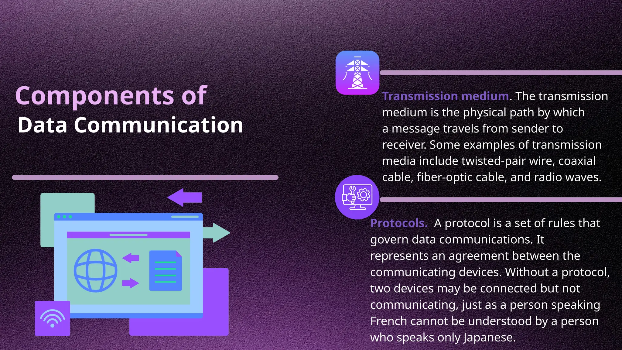 Components of
Data Communication
Transmission medium. The transmission
medium is the physical path by which
a message travels from sender to
receiver. Some examples of transmission
media include twisted-pair wire, coaxial
cable, fiber-optic cable, and radio waves.
Protocols. A protocol is a set of rules that
govern data communications. It
represents an agreement between the
communicating devices. Without a protocol,
two devices may be connected but not
communicating, just as a person speaking
French cannot be understood by a person
who speaks only Japanese.
 