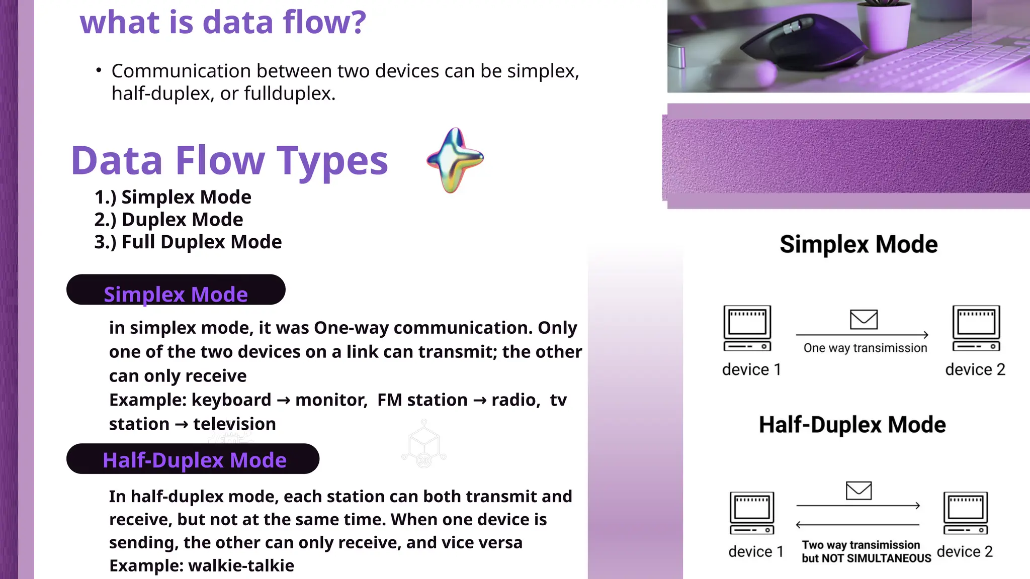 Data Flow Types
in simplex mode, it was One-way communication. Only
one of the two devices on a link can transmit; the other
can only receive
Example: keyboard monitor, FM station radio, tv
→ →
station television
→
Blockchain and
NFTs
3D Modeling and
Rendering
what is data flow?
• Communication between two devices can be simplex,
half-duplex, or fullduplex.
1.) Simplex Mode
2.) Duplex Mode
3.) Full Duplex Mode
Simplex Mode
In half-duplex mode, each station can both transmit and
receive, but not at the same time. When one device is
sending, the other can only receive, and vice versa
Example: walkie-talkie
Half-Duplex Mode
 