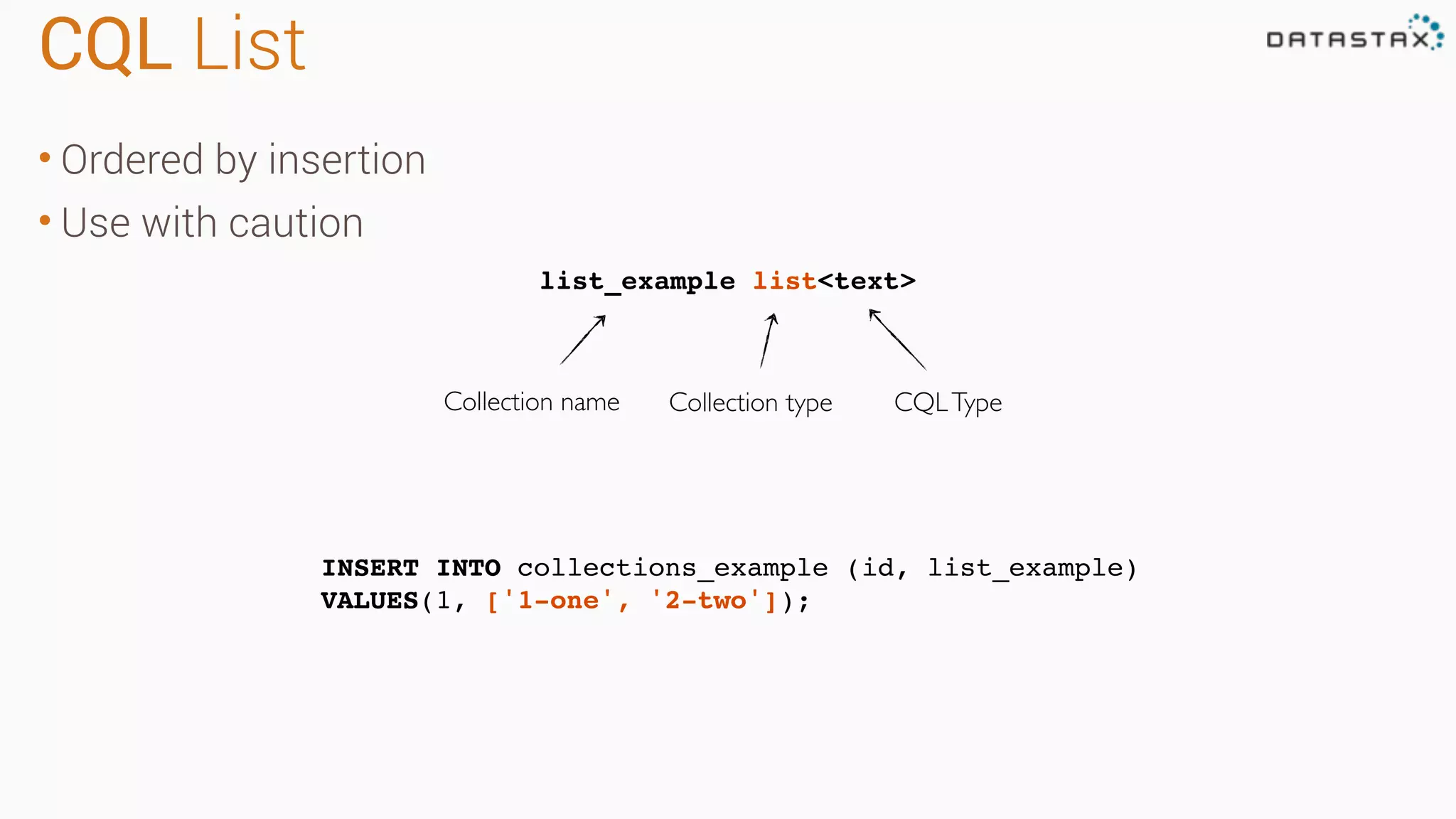 CQL List • Ordered by insertion • Use with caution list_example list<text> Collection name Collection type INSERT INTO collections_example (id, list_example) VALUES(1, ['1-one', '2-two']); CQLType 