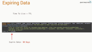 Expiring Data
Time To Live = TTL
INSERT INTO videos (videoid, name, userid, description, location, location_type, preview_thumbnails, tags, added_date, metadata) 
VALUES (06049cbb-dfed-421f-b889-5f649a0de1ed,'The data model is dead. Long live the data model.',
9761d3d7-7fbd-4269-9988-6cfd4e188678,  
'First in a three part series for Cassandra Data Modeling','http://www.youtube.com/watch?v=px6U2n74q3g',1, 
{'YouTube':'http://www.youtube.com/watch?v=px6U2n74q3g'},{'cassandra','data model','relational','instruction'}, 
'2013-05-02 12:30:29’)
USING TTL = 2592000
Expire Data: 30 Days
 