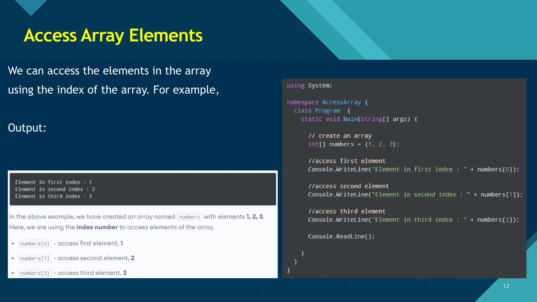 Click to edit Master title style
12
12
Access Array Elements
We can access the elements in the array
using the index of the array. For example,
Output:
 