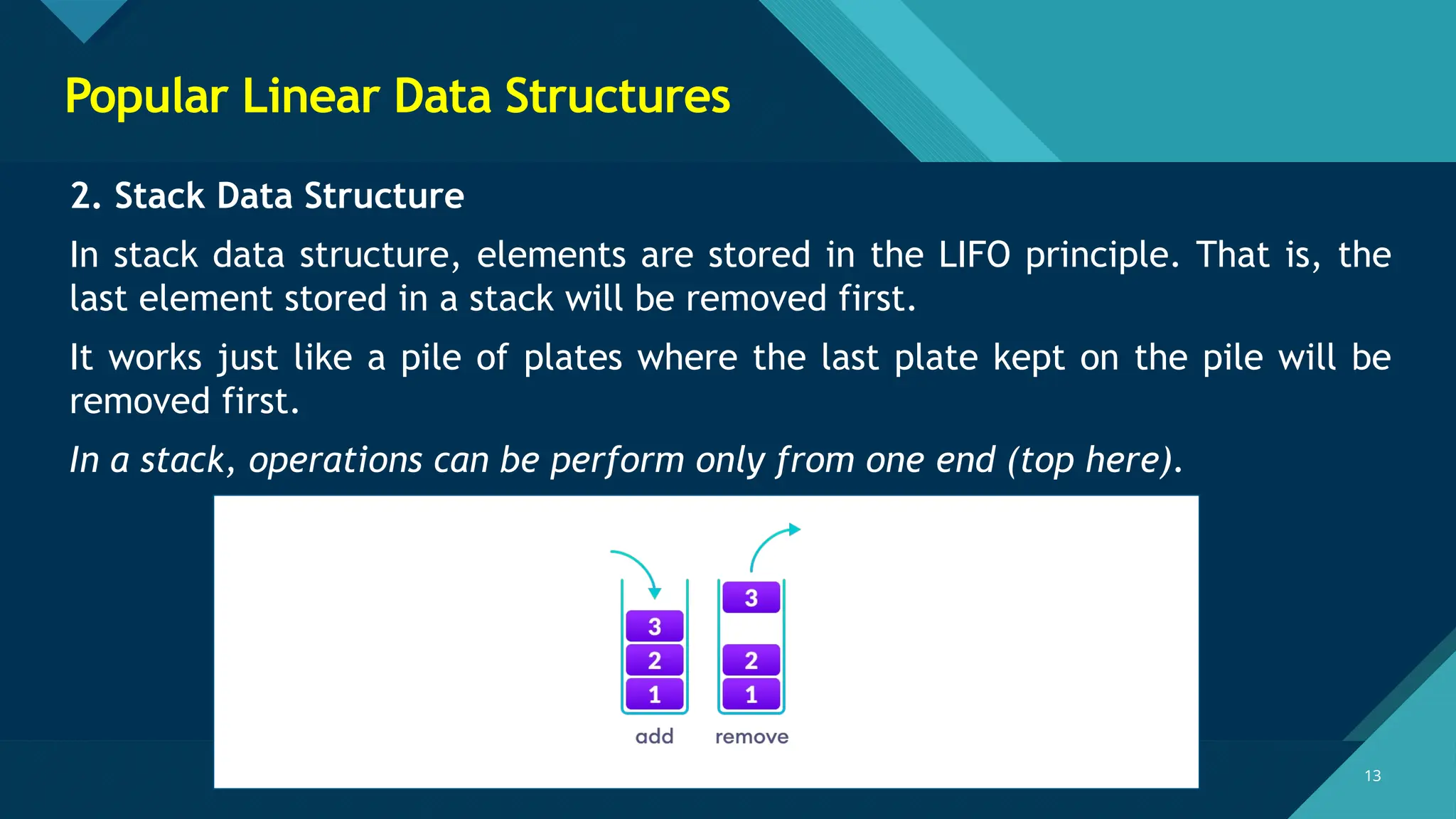 Click to edit Master title style
13
13
Popular Linear Data Structures
2. Stack Data Structure
In stack data structure, elements are stored in the LIFO principle. That is, the
last element stored in a stack will be removed first.
It works just like a pile of plates where the last plate kept on the pile will be
removed first.
In a stack, operations can be perform only from one end (top here).
 