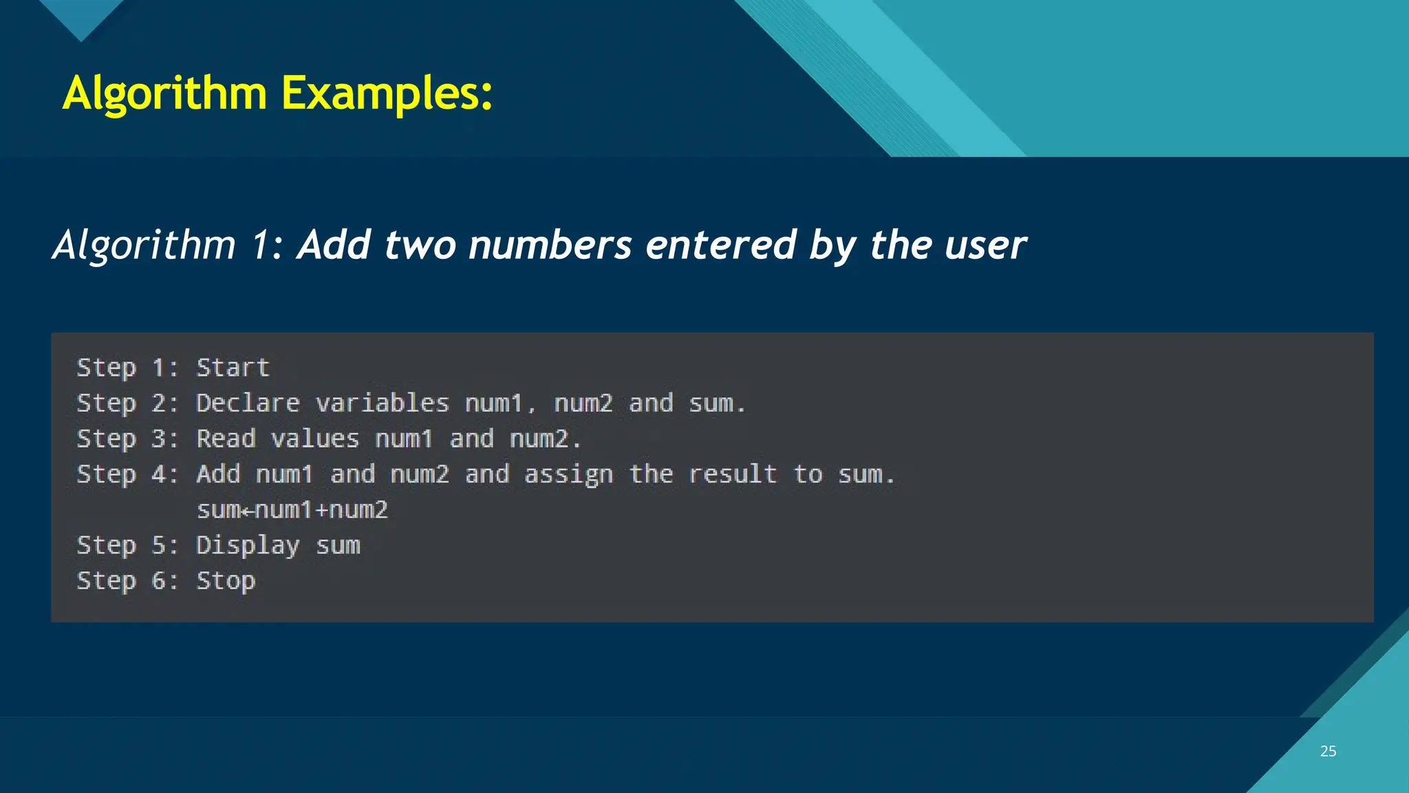 Click to edit Master title style
25
25
Algorithm Examples:
Algorithm 1: Add two numbers entered by the user
 