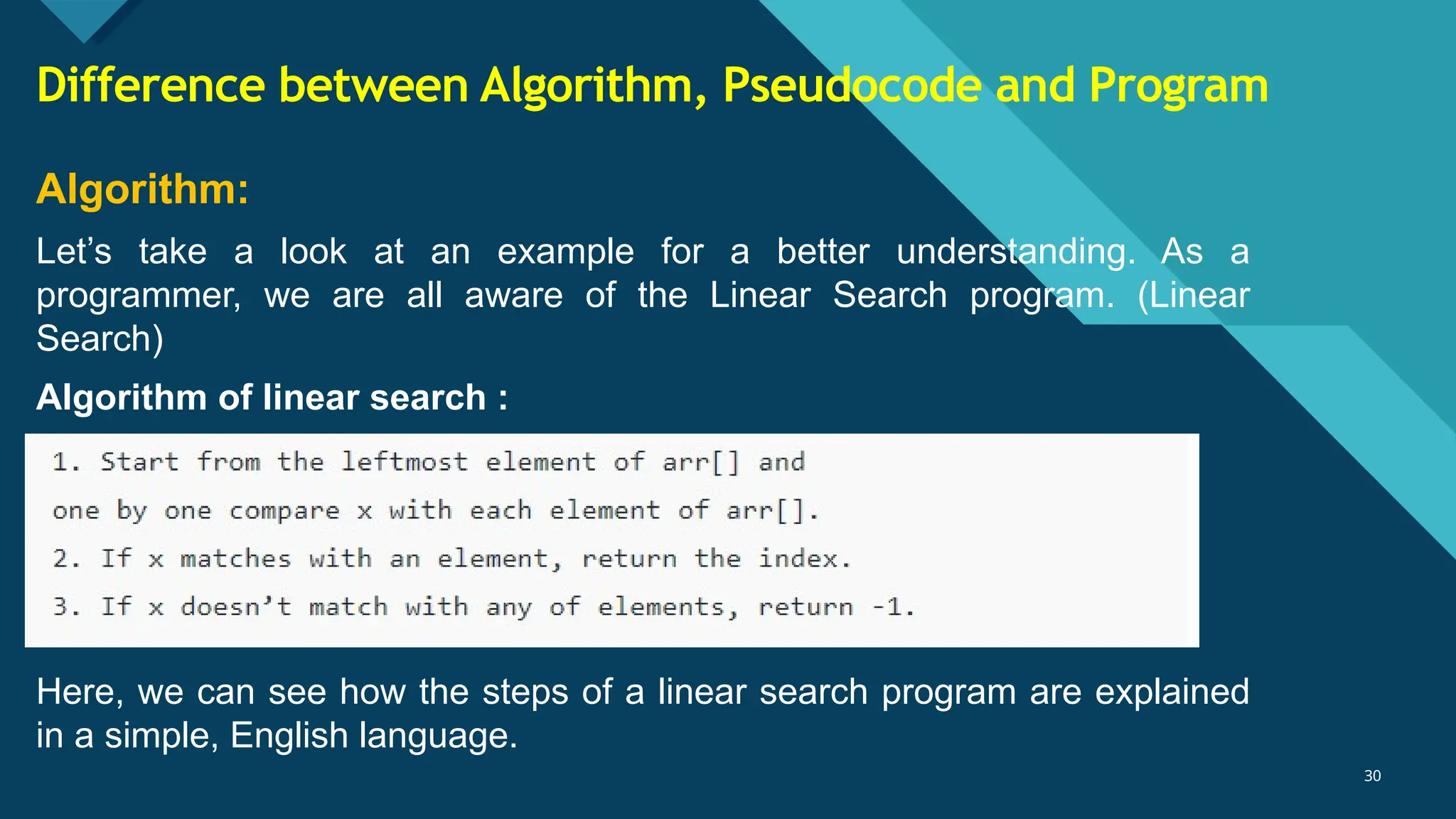Click to edit Master title style
30
30
Algorithm:
Let’s take a look at an example for a better understanding. As a
programmer, we are all aware of the Linear Search program. (Linear
Search)
Algorithm of linear search :
Here, we can see how the steps of a linear search program are explained
in a simple, English language.
Difference between Algorithm, Pseudocode and Program
 
