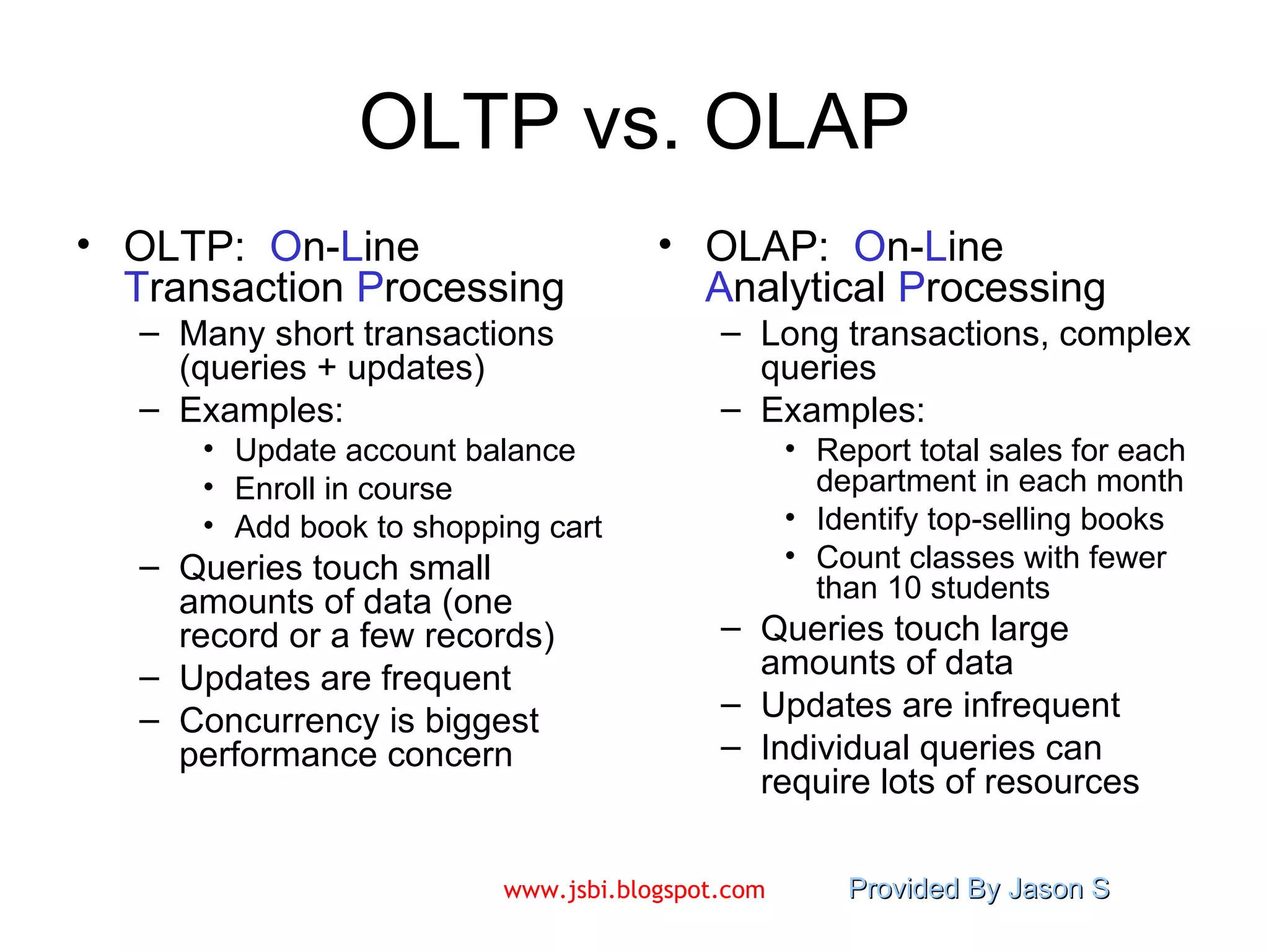 OLTP vs. OLAP OLTP:  O n- L ine  T ransaction  P rocessing Many short transactions (queries + updates) Examples:  Update account balance Enroll in course Add book to shopping cart Queries touch small amounts of data (one record or a few records) Updates are frequent Concurrency is biggest performance concern OLAP:  O n- L ine  A nalytical  P rocessing Long transactions, complex queries Examples:  Report total sales for each department in each month Identify top-selling books Count classes with fewer than 10 students Queries touch large amounts of data Updates are infrequent Individual queries can require lots of resources 
