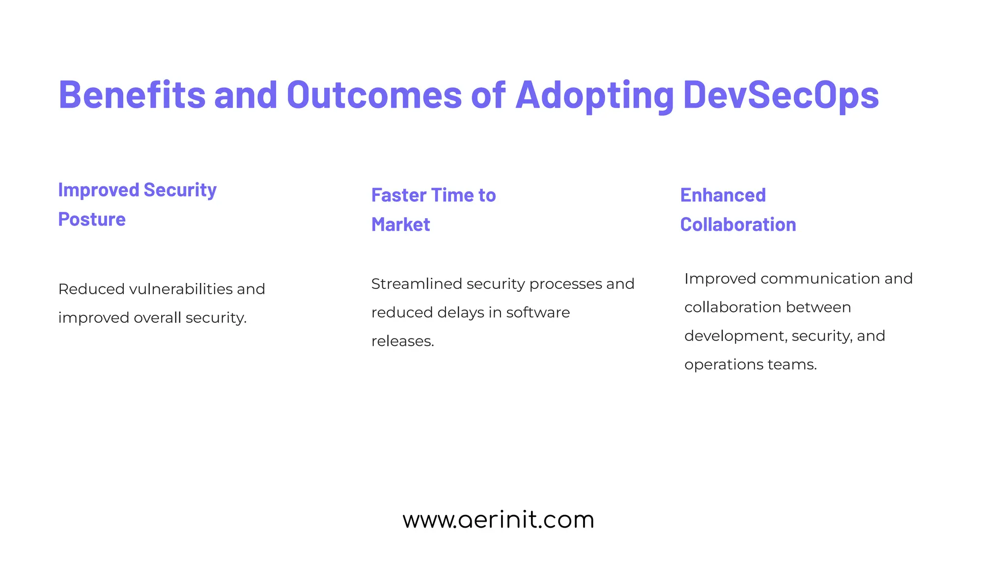 Beneﬁts and Outcomes of Adopting DevSecOps
Improved Security
Posture
Reduced vulnerabilities and
improved overall security.
Faster Time to
Market
Streamlined security processes and
reduced delays in software
releases.
Enhanced
Collaboration
Improved communication and
collaboration between
development, security, and
operations teams.
www.aerinit.com
 