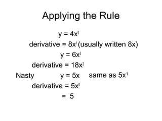 Applying the Rule
y = 4x2
derivative = 8x1
(usually written 8x)
y = 6x3
derivative = 18x2
Nasty y = 5x
derivative = 5x0
= 5
same as 5x1
 