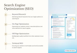 Search Engine
Optimization (SEO)
1 Keyword Research
Identifying relevant keywords that your target audience is
searching for.
2 On-Page Optimization
Optimizing your website content, meta descriptions, and
other elements for search engines.
3 Off-Page Optimization
Building high-quality backlinks from other websites to your
site.
4 Technical SEO
Ensuring your website is technically sound and accessible
to search engines.
 