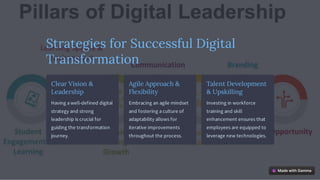 Strategies for Successful Digital
Transformation
Clear Vision &
Leadership
Having a well-defined digital
strategy and strong
leadership is crucial for
guiding the transformation
journey.
Agile Approach &
Flexibility
Embracing an agile mindset
and fostering a culture of
adaptability allows for
iterative improvements
throughout the process.
Talent Development
& Upskilling
Investing in workforce
training and skill
enhancement ensures that
employees are equipped to
leverage new technologies.
 