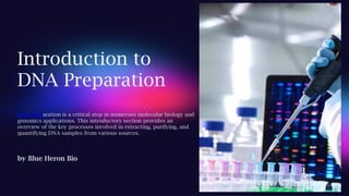 Introduction to
DNA Preparation
DNA preparation is a critical step in numerous molecular biology and
genomics applications. This introductory section provides an
overview of the key processes involved in extracting, purifying, and
quantifying DNA samples from various sources.
by Blue Heron Bio
 