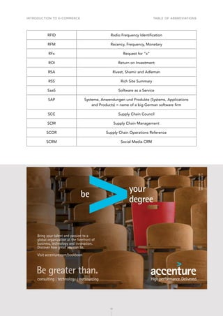 INTRODUCTION TO E-COMMERCE
12
Table of abbreviations
12
RFID Radio Frequency Identification
RFM Recency, Frequency, Monetary
RFx Request for “x”
ROI Return on Investment
RSA Rivest, Shamir and Adleman
RSS Rich Site Summary
SaaS Software as a Service
SAP Systeme, Anwendungen und Produkte (Systems, Applications
and Products) = name of a big German software firm
SCC Supply Chain Council
SCM Supply Chain Management
SCOR Supply Chain Operations Reference
SCRM Social Media CRM
TMP PRODUCTION NY026057B
PSTANKIE
gl/rv/rv/baf
ACCCTR00
Bookboon Ad Creative
4
6 x 4
12/13/2013
Bring your talent and passion to a
global organization at the forefront of
business, technology and innovation.
Discover how great you can be.
Visit accenture.com/bookboon
©
2013
Accenture.
All
rights
reserved.
 