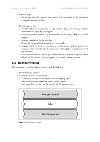 INTRODUCTION TO E-COMMERCE
43
Frameworks and architectures
•	 Payment step:
о
о Get money from the customer (see chapter 7 of this book): by the supplier or
a financial services provider,
•	 Service/support step:
о
о Provide additional information for the customer (e.g. user manual, technical
documentation, etc.): by the supplier,
о
о Conduct customer support (e.g. recommendation for usage, FAQ, etc.): by the
supplier,
о
о Manage complaints: by the supplier,
о
о Repair: by the supplier or a specific service provider,
о
о Manage returns (if repair is necessary, a wrong product has been delivered or
customer wants to “roll back” the business): by the supplier in cooperation with
the customer,
о
о Conduct maintenance (may be part of the product or may be a separate service
offered by the supplier): by the supplier or a specific service provider.
2.2.2	 SECONDARY PROCESS
The secondary process (see figure 3) can be sub-divided into
•	 Internal process control,
•	 Communication to the customer:
о
о Tracking  tracing: by the supplier or the shipping agent,
о
о Inform about order processing status: by the supplier,
о
о Announce delivery time: by the supplier or the shipping agent.
Figure 3: The secondary process
 