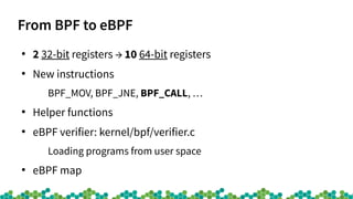 From BPF to eBPF
●
2 32-bit registers → 10 64-bit registers
●
New instructions
BPF_MOV, BPF_JNE, BPF_CALL, …
●
Helper functions
●
eBPF verifier: kernel/bpf/verifier.c
Loading programs from user space
●
eBPF map
 