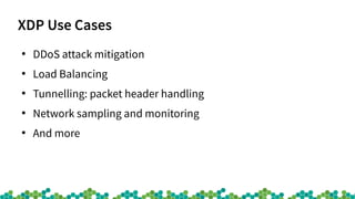 XDP Use Cases
●
DDoS attack mitigation
●
Load Balancing
●
Tunnelling: packet header handling
●
Network sampling and monitoring
●
And more
 