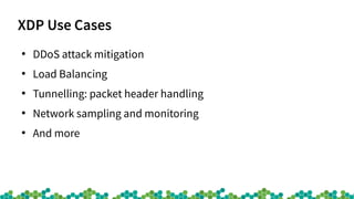 XDP Use Cases
●
DDoS attack mitigation
●
Load Balancing
●
Tunnelling: packet header handling
●
Network sampling and monito...