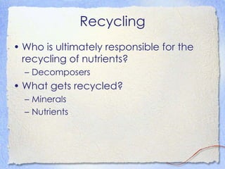 Recycling Who is ultimately responsible for the recycling of nutrients?  Decomposers What gets recycled? Minerals  Nutrients 