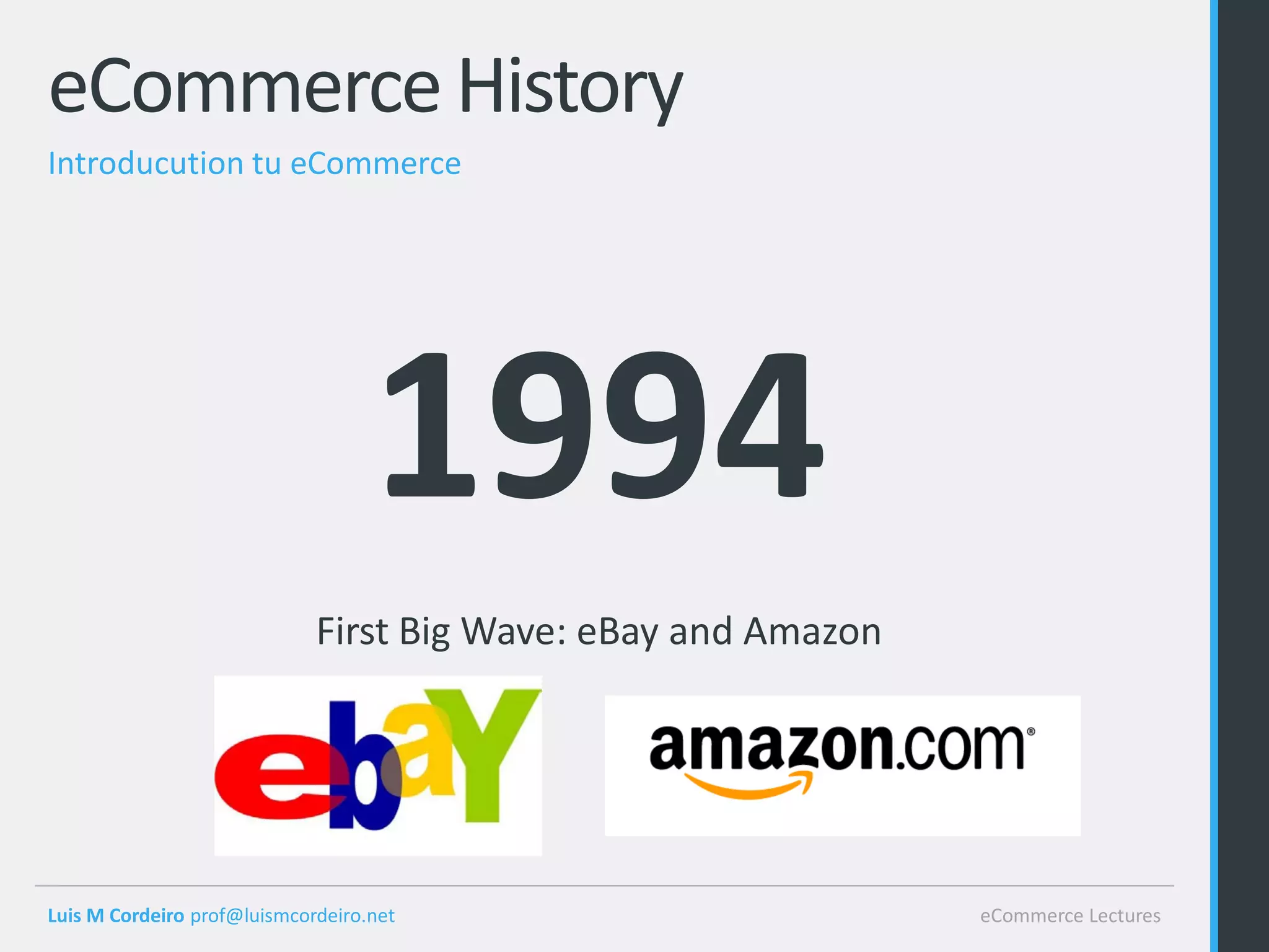 eCommerce History
Introducution tu eCommerce




                                   1994
                             First Big Wave: eBay and Amazon




Luis M Cordeiro prof@luismcordeiro.net                         eCommerce Lectures
 