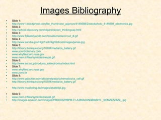 Images Bibliography Slide 1: http://www1.istockphoto.com/file_thumbview_approve/4185698/2/istockphoto_4185698_electronics.jpg Slide 2: http:// school.discovery.com/clipart/clip/ani_thinkingcap.html Slide 3: http:// www.fplsafetyworld.com/travels/media/circuit_ill.gif Slide 4: http:// www.sandia.gov/HighTechHighSchool/images/james.jpg Slide 5: http://library.thinkquest.org/10784/media/cs_battery.gif www.yourdictionary.com www.whyfiles.larc.nasa.gov www.mem.ir/files/symbols/swspst.gif Slide 6: http://www.sei.co.jp/products_e/electronics/index.html Slide 7: www.whyfiles.larc.nasa.gov www.pond.ie Slide 8: http:// www.geocities.com/aliciainelpaso/schematics/cs_cell.gif http://library.thinkquest.org/10784/media/cs_battery.gif http:// www.musikding.de/images/abattclipI.jpg Slide 9: www.mem.ir/files/symbols/swspst.gif http://images.amazon.com/images/P/B0002ZPBPM.01-A385A0XNQBW8HY._SCMZZZZZZZ_.jpg 