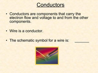 Conductors Conductors are components that carry the electron flow and voltage to and from the other components. Wire is a conductor. The schematic symbol for a wire is:  _________ 