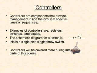 Controllers Controllers are components that provide management inside the circuit at specific times or sequences. Examples of controllers are: resistors,  switches,  and diodes. The schematic diagram for a switch is:  this is a single pole single throw switch. Controllers will be covered more during later parts of this course. 